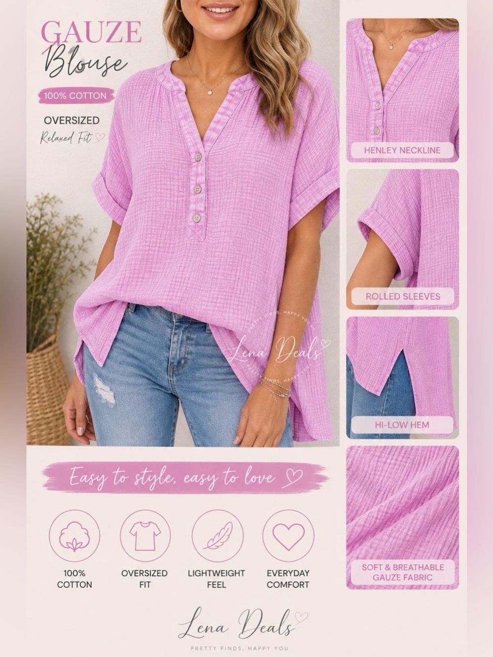 Zenana Washed Double Gauze 3/4 Button Henley Neck Womens Shirt Mix Size Cotton